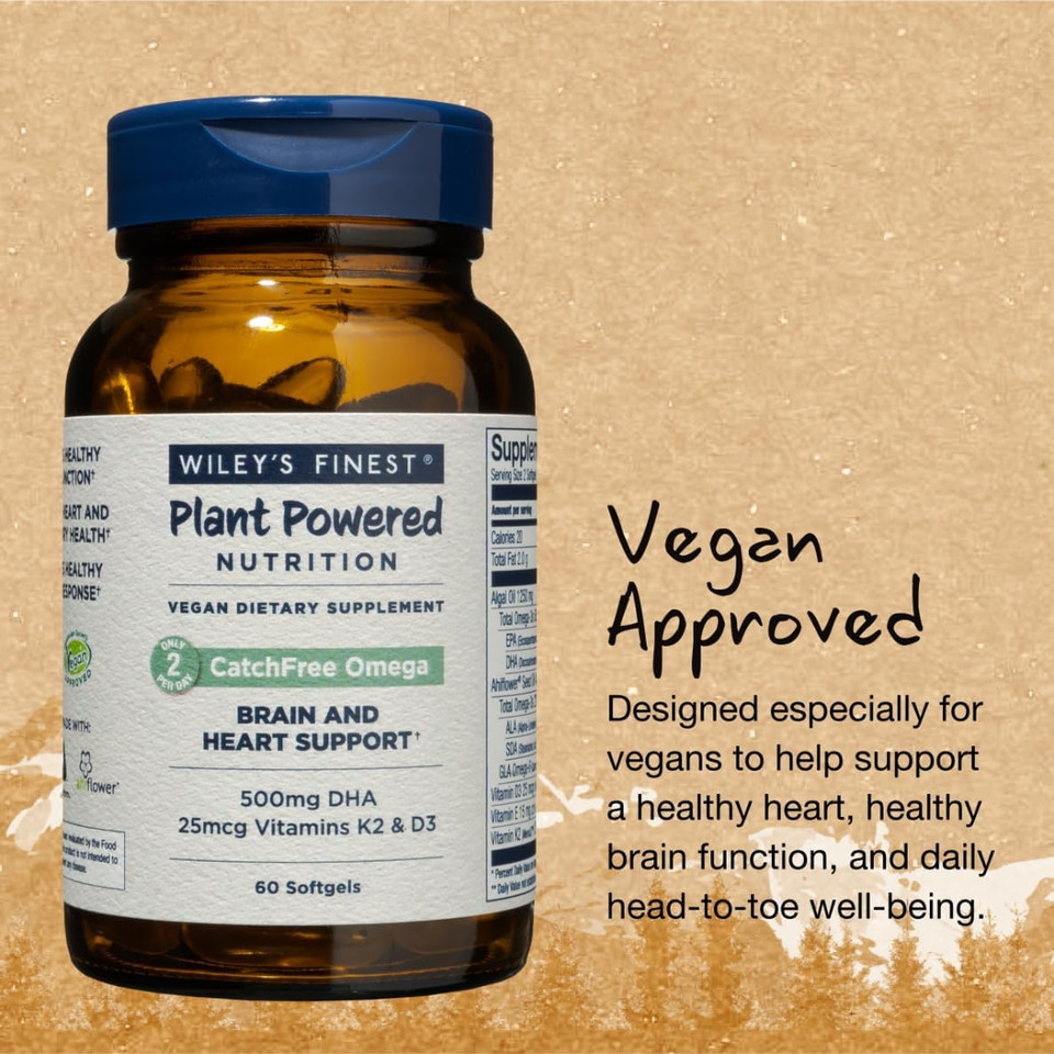Wiley'S Finest Catchfree Omega - Vegan, Non-Gmo Fish Oil Alternative - Full Spectrum Omega-3 Liquid Supplement With Organic Plant-Based Algae Oil - 60 Softgels (60 Servings)