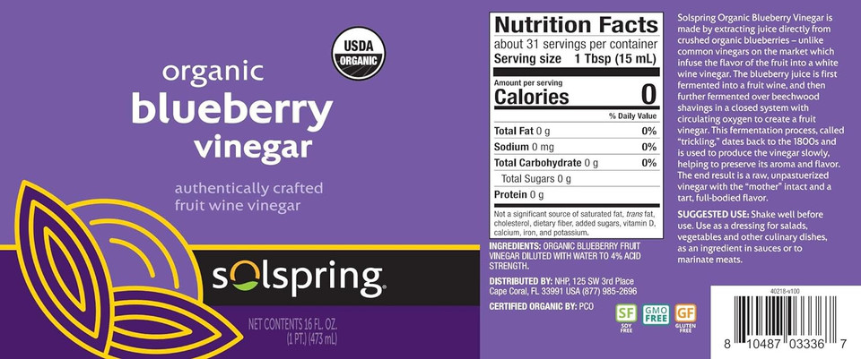 Dr. Mercola Solspring Organic Blueberry Vinegar, 2 Bottle (16 Fl. Oz.), Tart, Full-Bodied Flavor, Non Gmo, Soy Free, Gluten Free, Usda Organic