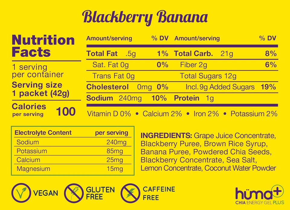 Huma Plus (Double Electrolytes) - Chia Energy Gel, Blackberry Banana, 12 Gels - Stomach Friendly, Real Food Energy Gelsblackberry Banana1.55 Ounce (Pack Of 12)