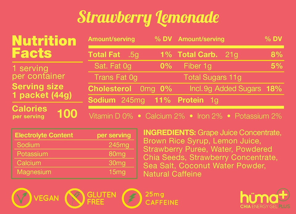 Huma Plus (Double Electrolytes) - Chia Energy Gel, Strawberry Lemonade, 12 Gels, 1X Caffeine - Stomach Friendly, Real Food Energy Gelsstrawberry Lemonade1.55 Ounce (Pack Of 12)