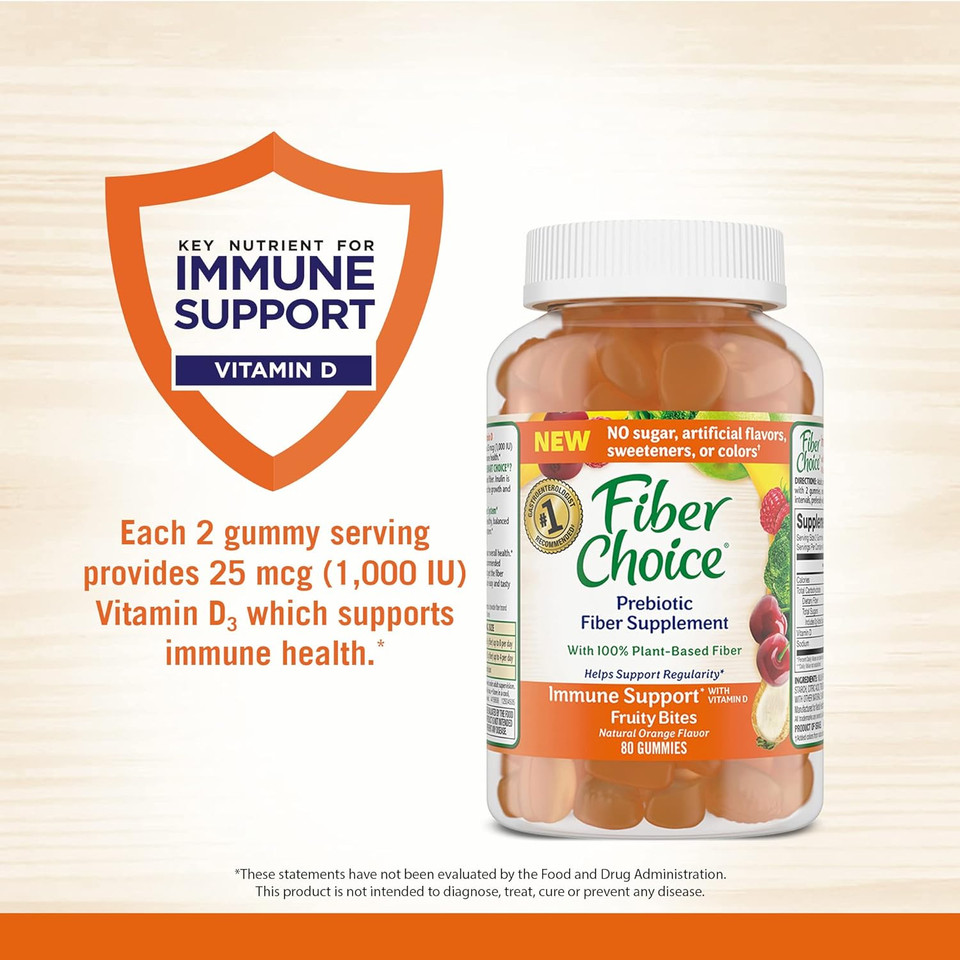 Fiber Choice Immune Support Daily Prebiotic Fiber Supplement Gummies With Vitamin D, Orange, 80 Count Fiber Choice Immune Support Daily Prebiotic Fiber Supplement Gummies With Vitamin D, Orange, 80 Count