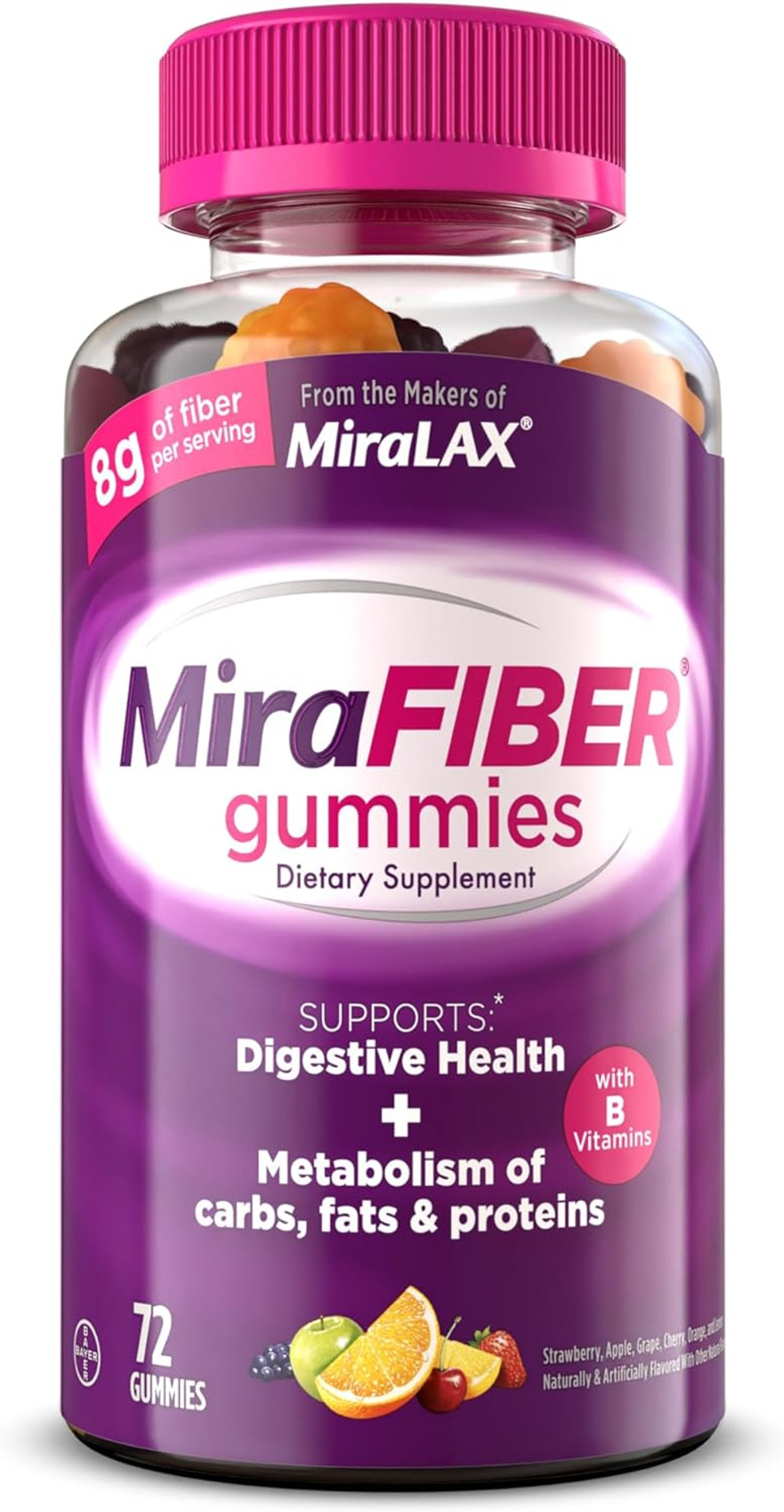 Miralax New Mirafiber Gummies, 8G Of Daily Prebiotic Fiber With B Vitamins To Support Digestive Health And Metabolism, Fruit Flavored Fiber Gummies, 72 Count, 18 Servings Per Bottle
