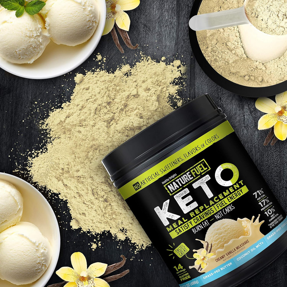 Nature Fuel Keto Meal Replacement Powder - Gluten Free With Coconut Oil Mcts And Grass-Fed Butter - Creamy Vanilla Milkshake - 14 Servings - Pantry Friendly, 17.1 Fl Oz