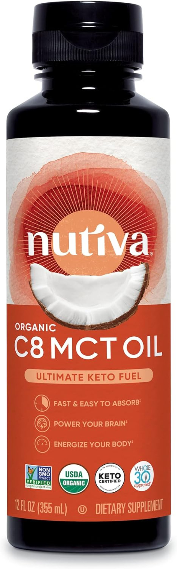 Nutiva Organic C8 Mct Oil, Ultimate Keto Fuel From Non-Gmo Coconuts, 14G Mct 12 Fl Oz, Usda Organic, Whole 30, Vegan & Gluten-Free, Energy Boost To Coffee, Shakes And Salads