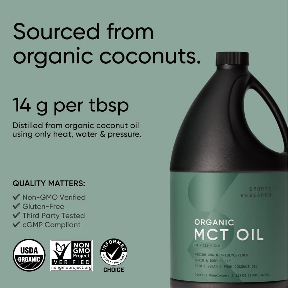 Sports Research Keto MCT Oil from Organic Coconuts - Fatty Acid Fuel for Body + Brain - Triple Ingredient C8, C10, C12 MCTs - Perfect in Coffee, Tea, & More - Non-GMO & Vegan - Unflavored (128 Oz)