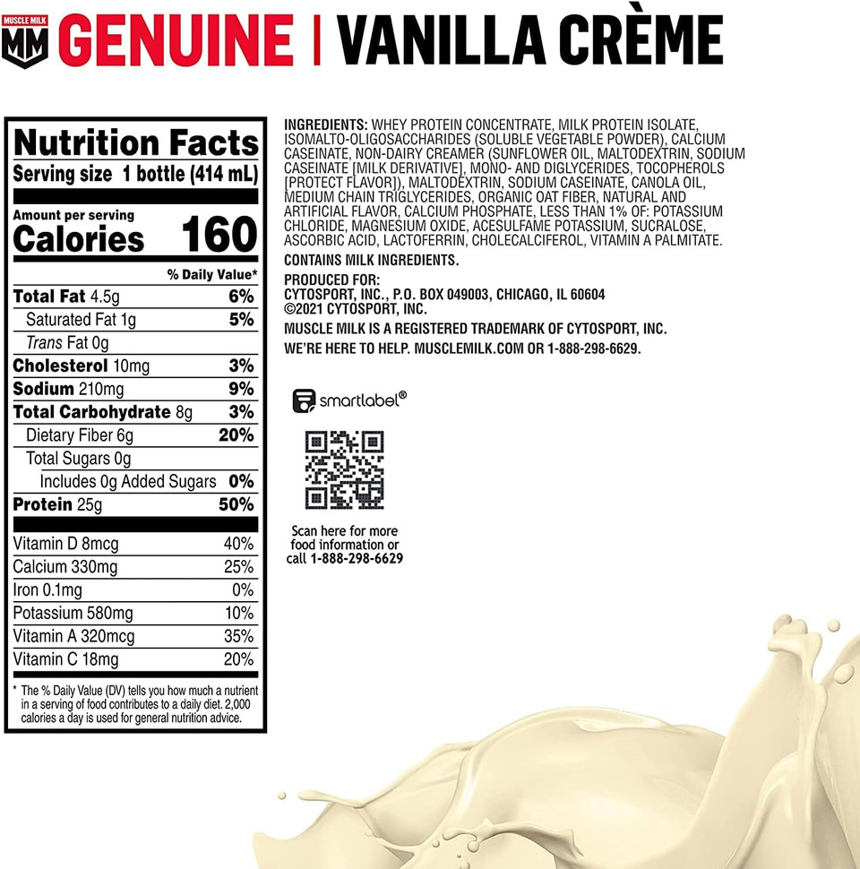 Muscle Milk Genuine Liquid Protein Shake, Vanilla Crème, 25g Protein, 14 Fl Oz Bottle, 12 Pack