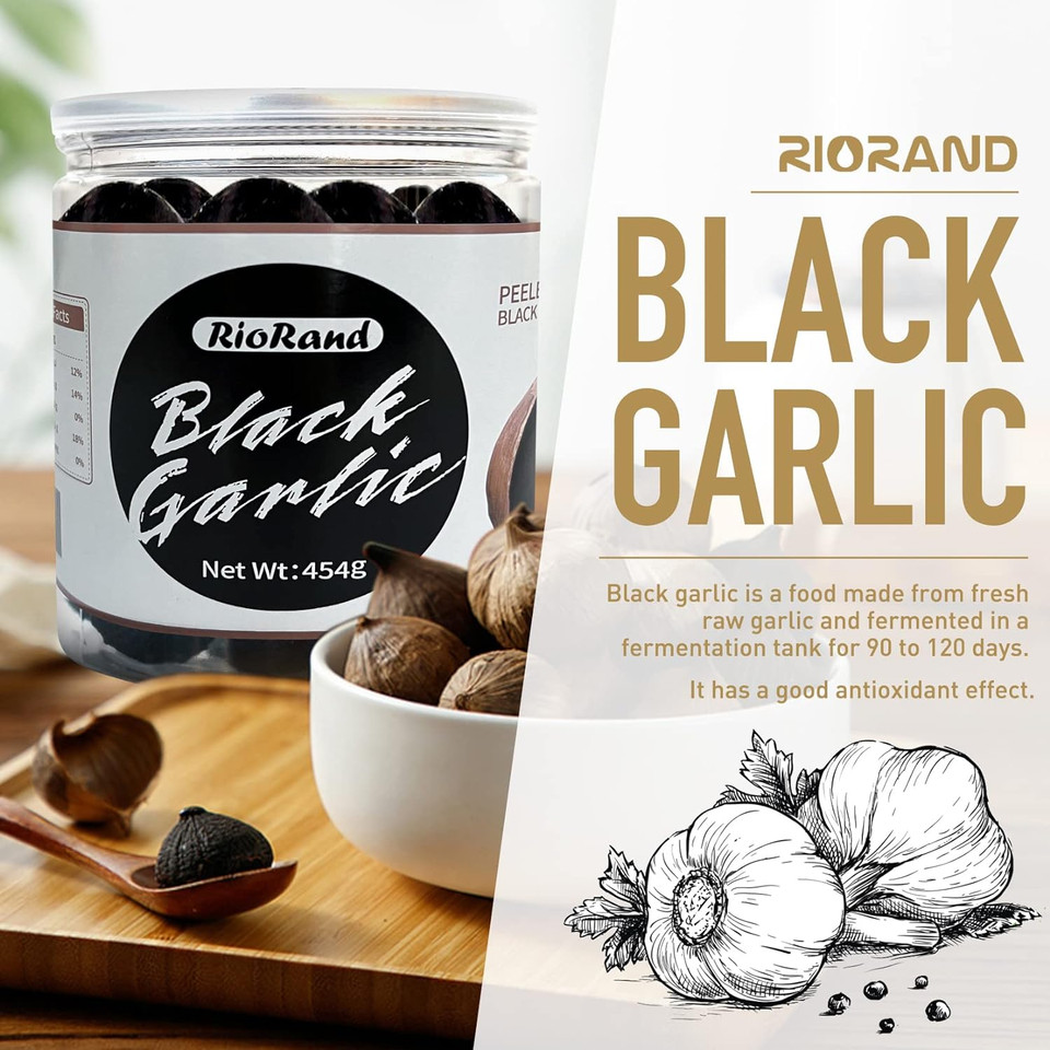Riorand Black Garlic 454G / 1 Pound Whole Peeled Black Garlic Aged For Full 90 Days Black Garlic Jar Equal To 2Lbs Of Whole Black Garlic