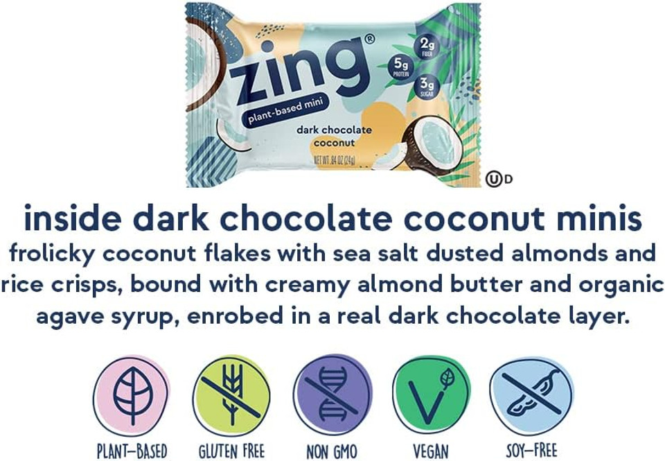 Zing Dark Chocolate Coconut Kids Protein Bars, Gluten Free 100 Calorie Mini Bars With High Protein, Vegan Nutrition Bars, Dairy Free Plant Based Protein, Kosher, Low Sugar, No Sugar Alcohols - 18 Count