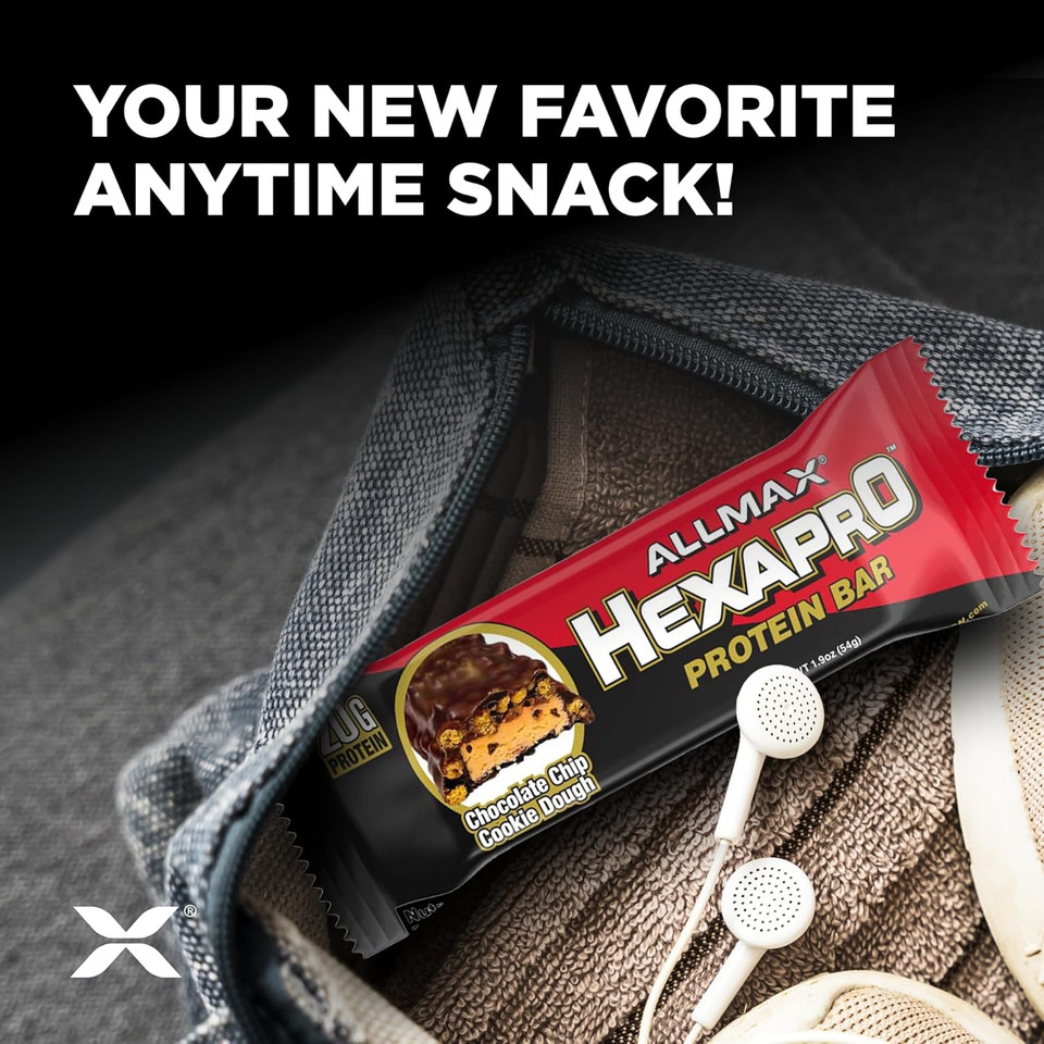 Allmax Hexapro Protein Bar, Chocolate Chip Cookie Dough - Pack Of 12 - High-Protein Energy Snack - 20 G Of Protein Per Bar - With Whey Protein Isolate