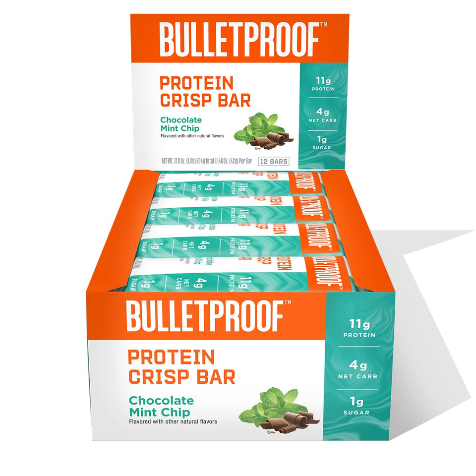 Bulletproof Chocolate Mint Chip Protein Crisp Bars, 12Pk, High Protein, Low Sugar