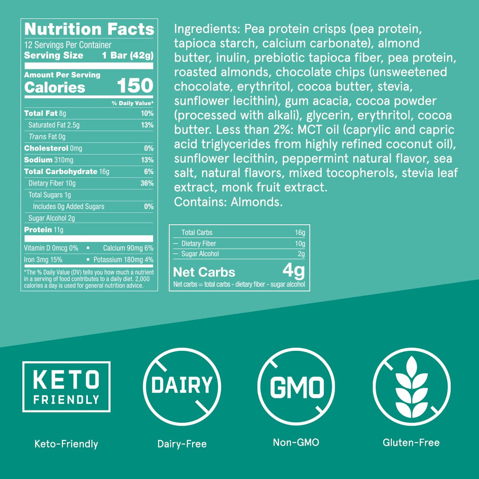 Bulletproof Chocolate Mint Chip Protein Crisp Bars, 12Pk, High Protein, Low Sugar