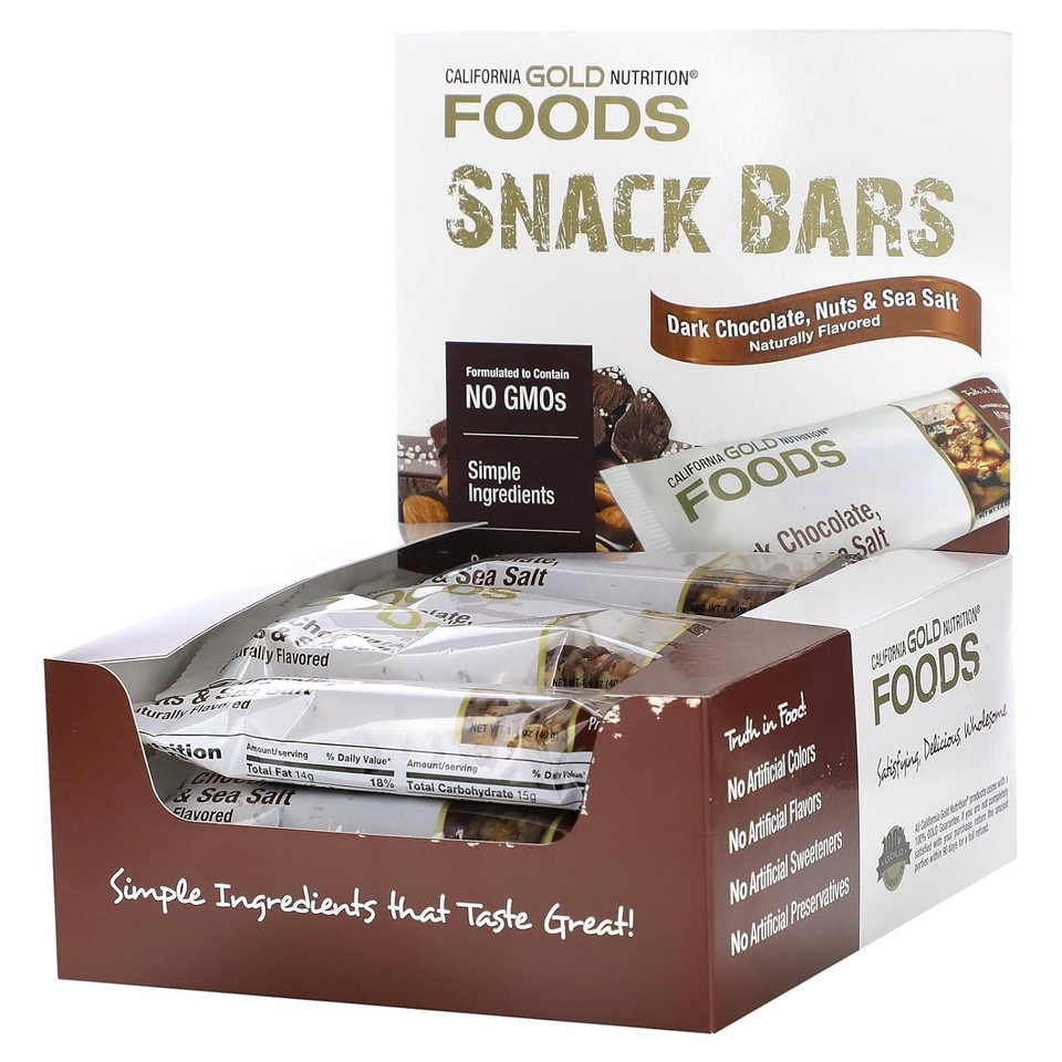 FOODS - Dark Chocolate, Nuts, & Sea Salt Bar Gold Bar, 12 Bars, California Gold Nutrition