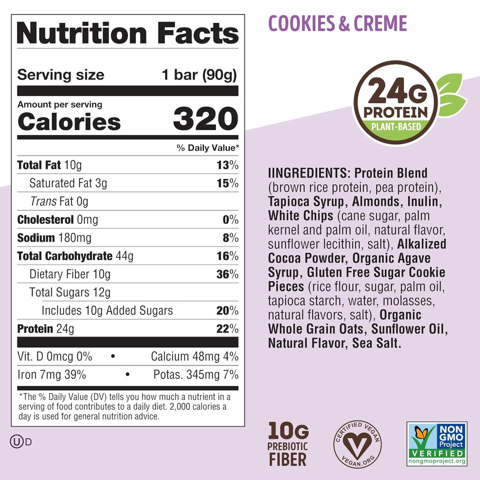 Lenny & Larry'S Cookie-Fied Big Bar 90G, Cookies And Creme, 12-Pack With 24 Grams Of Plant-Based Protein Extra Large Vegan Snack Bars, 10G Prebiotic Fiber Non-Gmo, Kosher