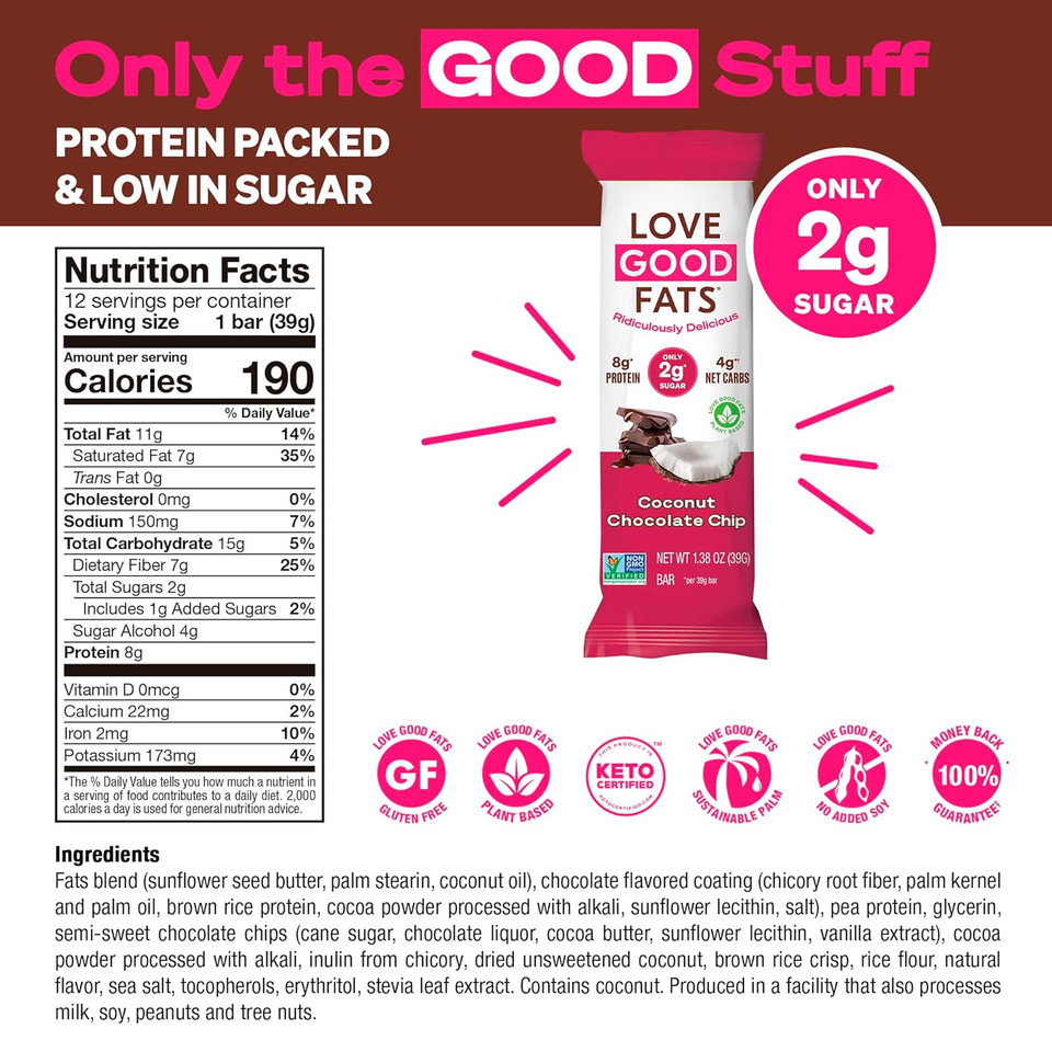 Love Good Fats Keto Bars, Truffle Coconut Chocolate Chip - Plant-Based Protein Snack, Low Carb, Low Sugar, Gluten Free, Non Gmo, 12 Pack