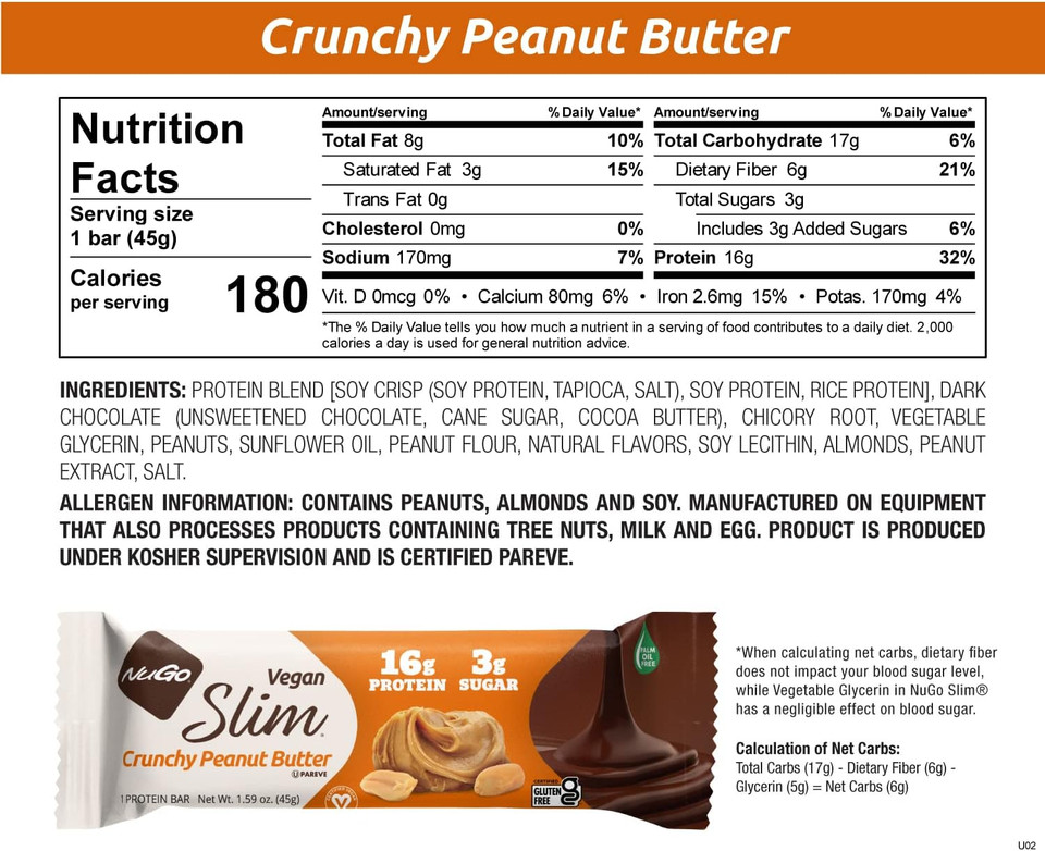 Nugo Slim Vegan Variety - Crunchy Peanut Butter 12 Bars & Chocolate Mint 12 Bars, Low Net Carbs, 16-17G Plant Based Protein, Gluten Free, 24 Count