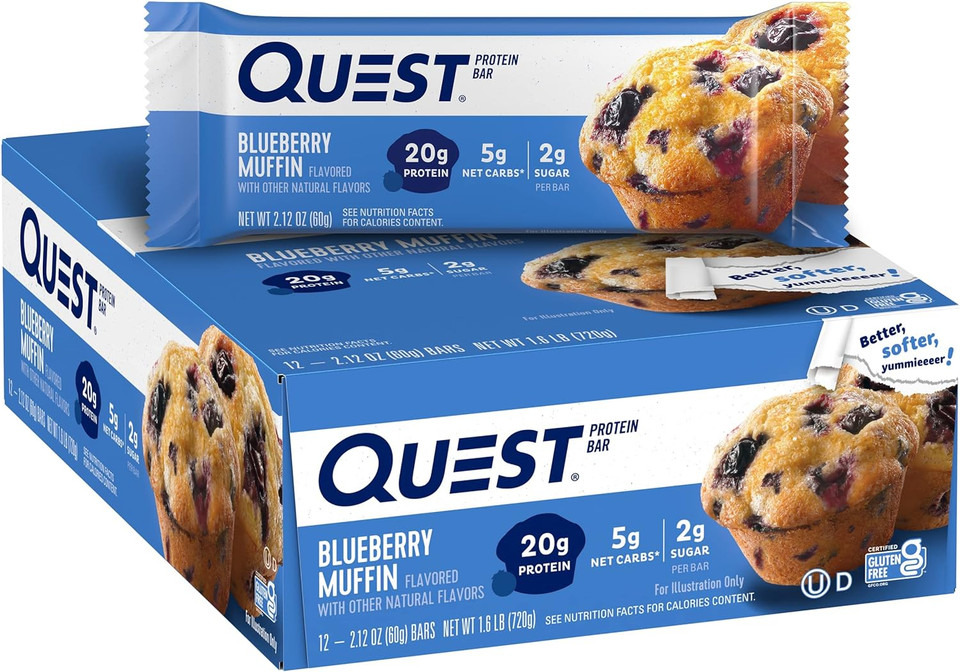 Quest Nutrition Blueberry Muffin Protein Bars, High Protein, Low Carb, Gluten Free, Keto Friendly, 12 Count