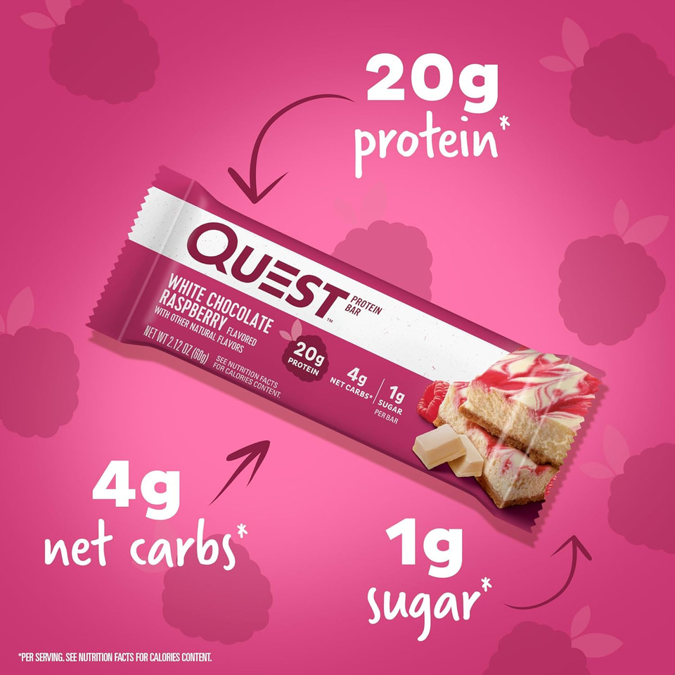 Quest Nutrition White Chocolate Raspberry Protein Bars, High Protein, Low Carb, Gluten Free, Keto Friendly, 12 Count