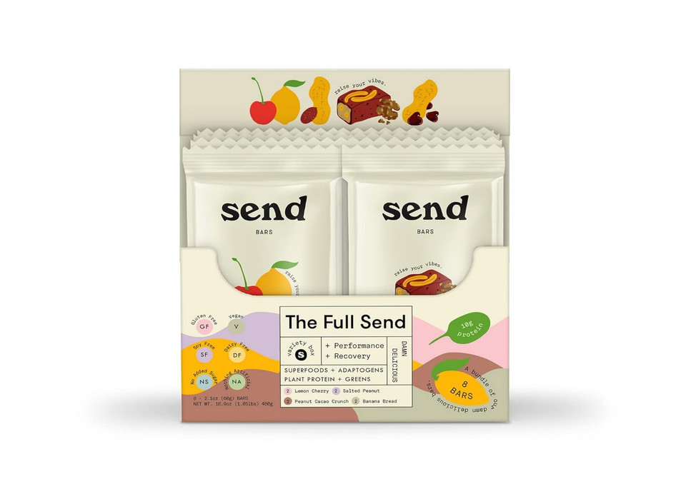 Send Bars, Recover And Perform Protein Bars, 4 Flavor Variety Pack, 2.1 Ounce Bars, Pack Of 8 Bars (2 Bars Of Each Flavor) - Gluten Free, Vegan, 10G Plant Protein, Real Food, Easily Digestible