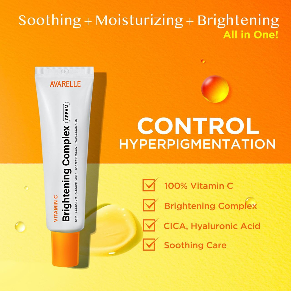 Avarelle Vitamin C Brightening Complex Moisturising Cream | Dark Spot And Hyperpigmentation Brightening Cream For All Skin Types | Naturally Derived Sea Buckthorn, Cucumber, Hyaluronic Acid, Cica