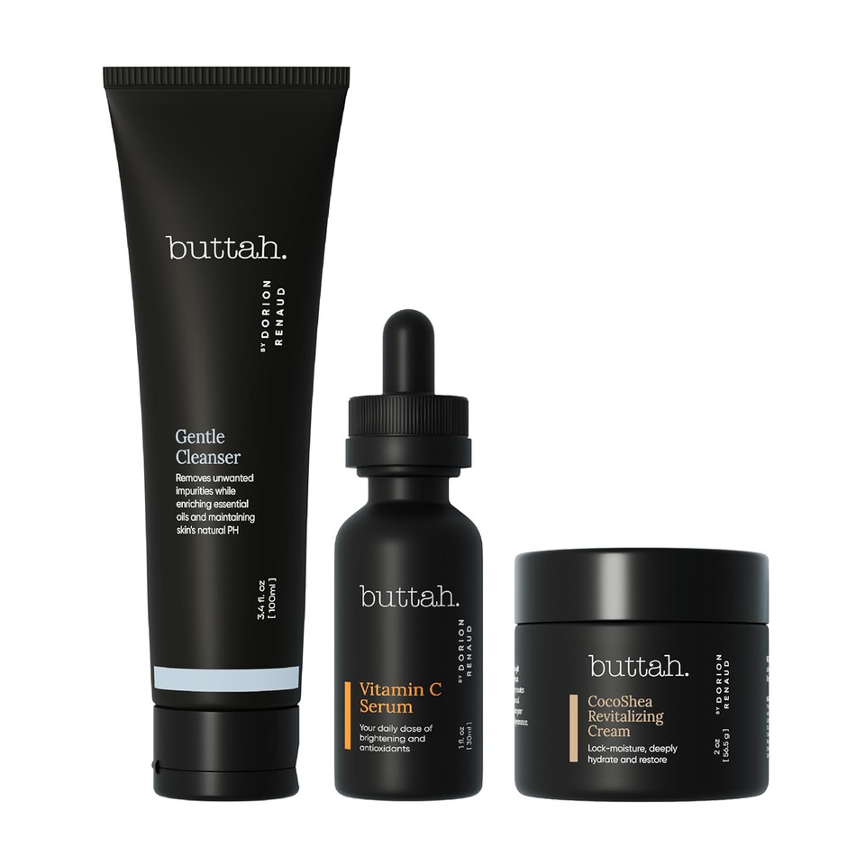 Buttah Skin Transforming Kit For Melanin Rich Skin | Cocoshea Revitalizing Cream 2 Oz | Vitamin C Serum 1 Oz | Buttah Cleanser 3.4 Oz | Black Owned Skincare