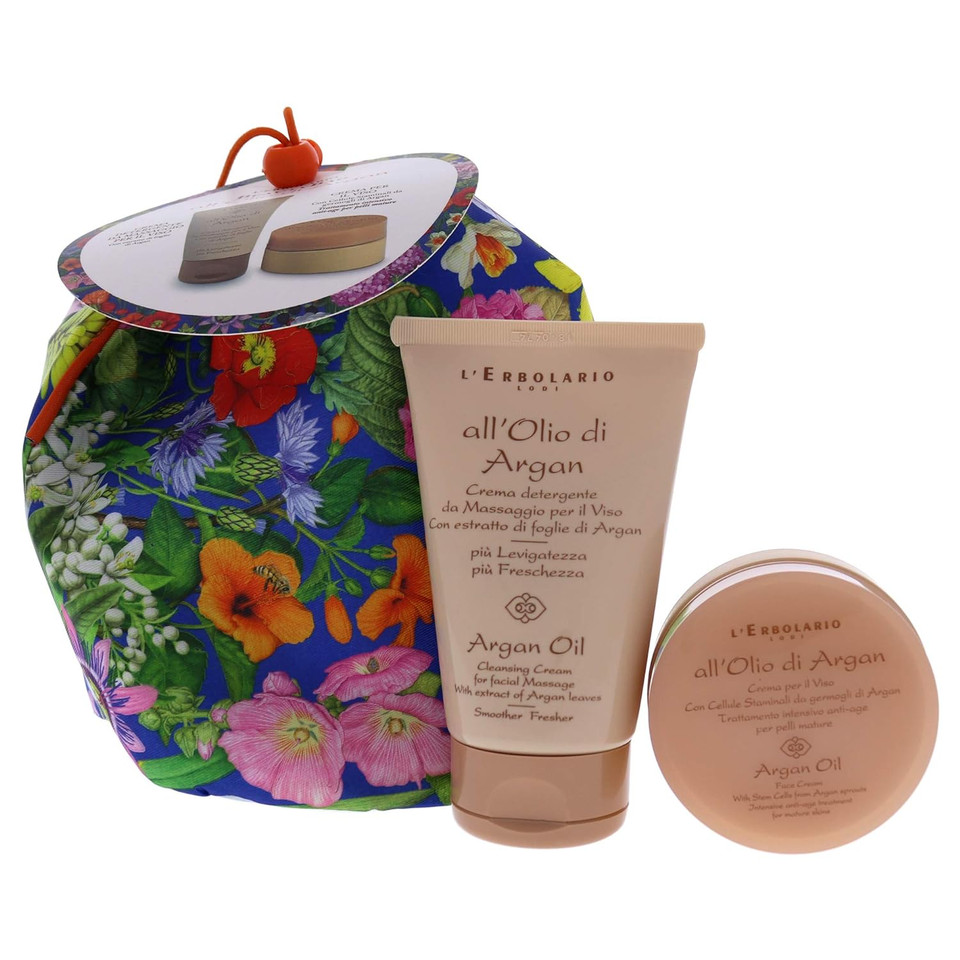 L'Erbolario Argan Oil Duo Beauty Bag - Elegant Bucket Bag With Argan Oil Cleansing Cream And Face Cream - Naturally Toning Ingredients For Firmer Skin - Nourishes And Protects - For Women - 2 Pc