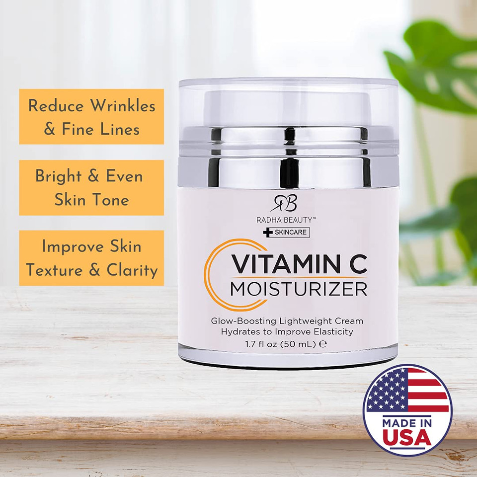 Radha Beauty Glow Boosting Vitamin C Moisturizer, 1.7 Fl Oz. For Face, Neck, Decollete - Luxury Anti-Aging & Brightening Cream - Daily For All Skin Types