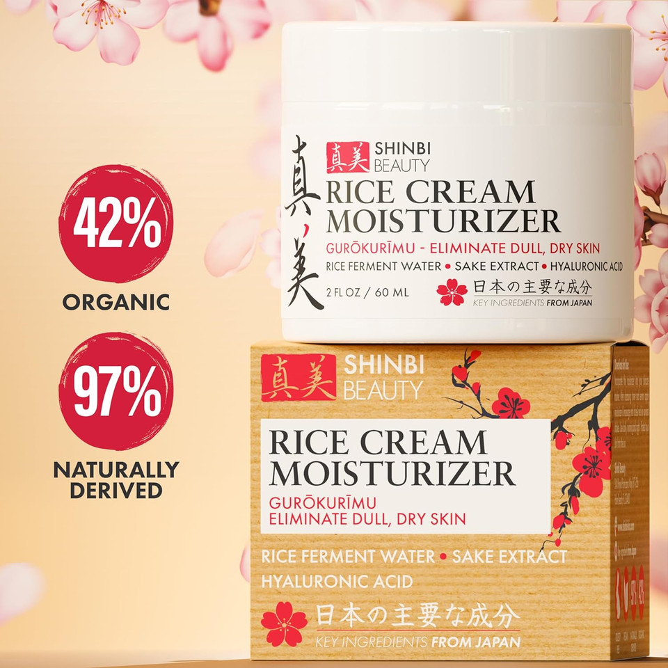 Shinbi Beauty Japanese Skincare Moisturizer For Face - Rice Cream With Rice Ferment + Sake Extract - J Beauty Natural Asian Skincare Products. 2 Fl Oz