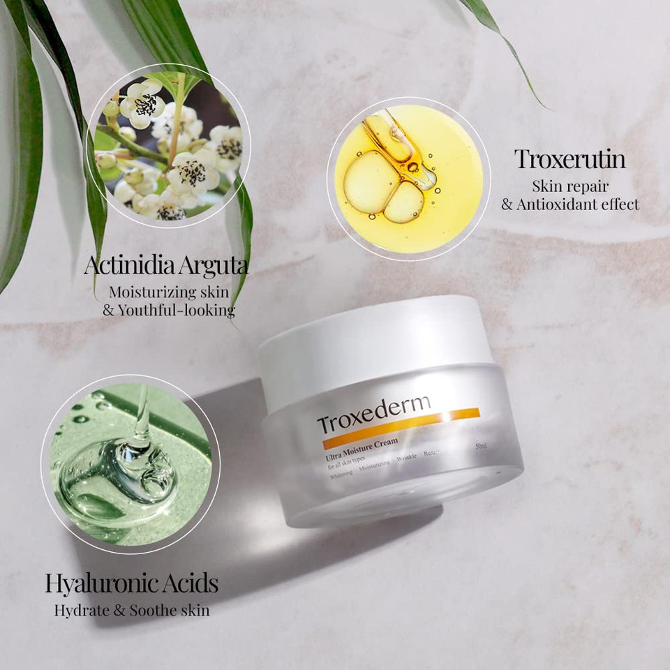 Troxederm Ultra Moisture Cream  Dewy Hydration, Soothes Irritation, Fades Dark Spots, Enhanced With Niacinamide, Hyaluronic Acid, And Troxerutin, Suitable For All Skin Types, 1.69 Fl. Oz