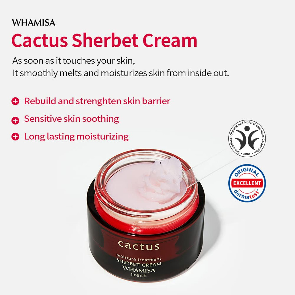 Whamisa Cactus Sherbet Cream, Soothing, Long Lasting Moisturizing, Skin Barrier, Deep Hydration, Fine Lines, Dull Skin 1.5 Oz / 45G