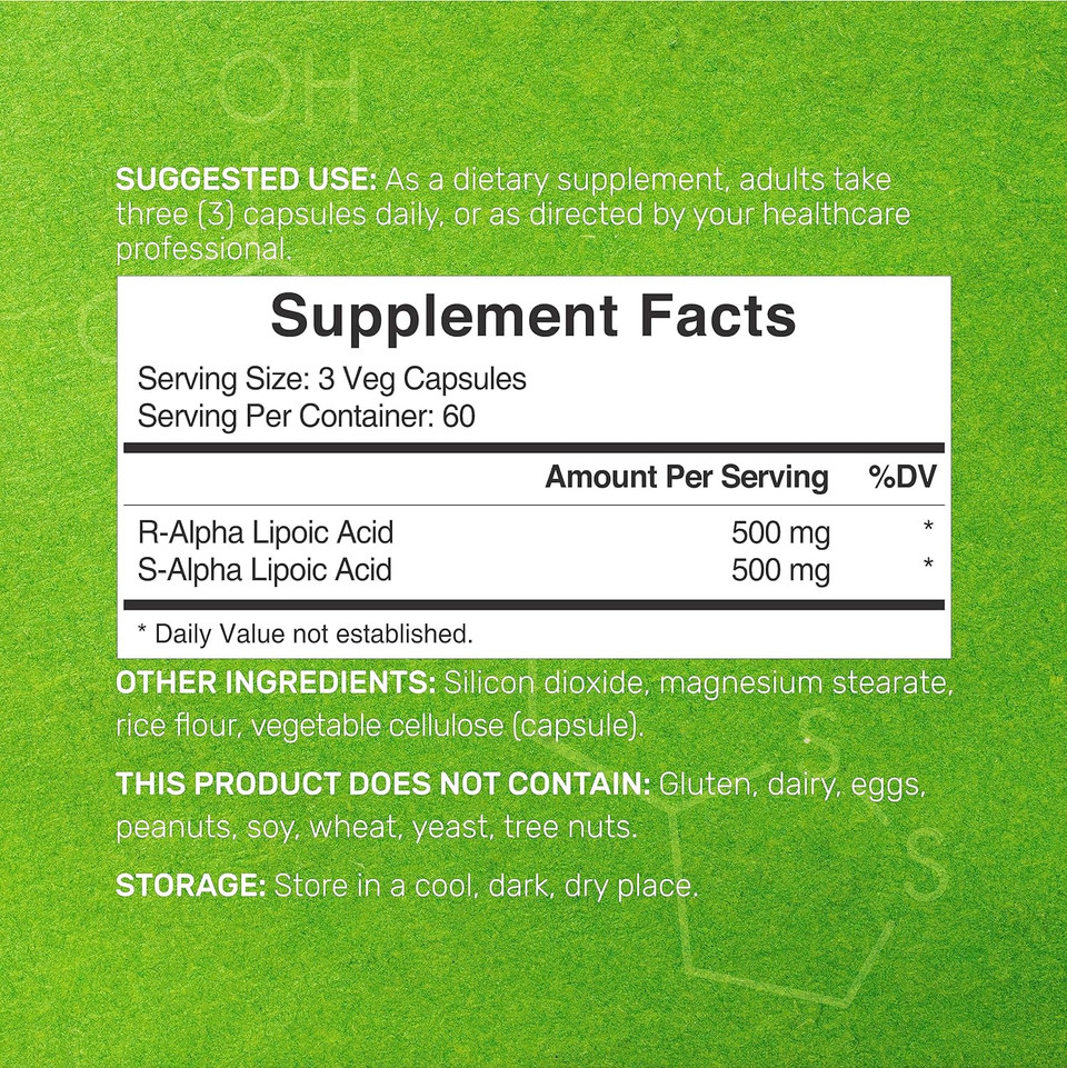 Alpha Lipoic Acid 1,000Mg, 180 Veggie Capsules  50/50 R-Ala & S-Ala For Max Bioavailability  Antioxidant Supplement  Energy & Nervous System Support  Non-Gmo