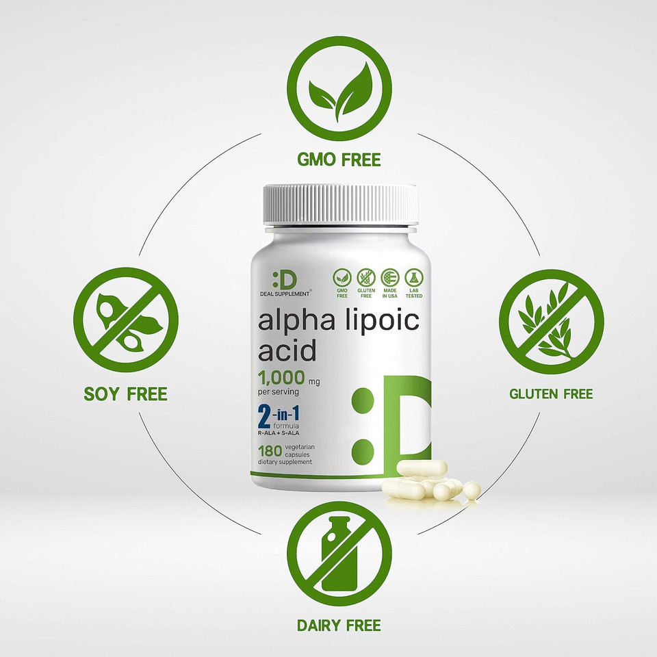 Alpha Lipoic Acid 1,000Mg, 180 Veggie Capsules  50/50 R-Ala & S-Ala For Max Bioavailability  Antioxidant Supplement  Energy & Nervous System Support  Non-Gmo