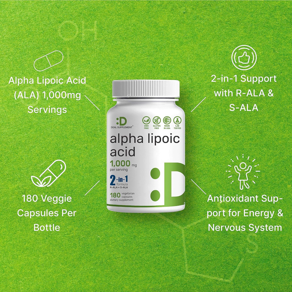 Alpha Lipoic Acid 1,000Mg, 180 Veggie Capsules  50/50 R-Ala & S-Ala For Max Bioavailability  Antioxidant Supplement  Energy & Nervous System Support  Non-Gmo
