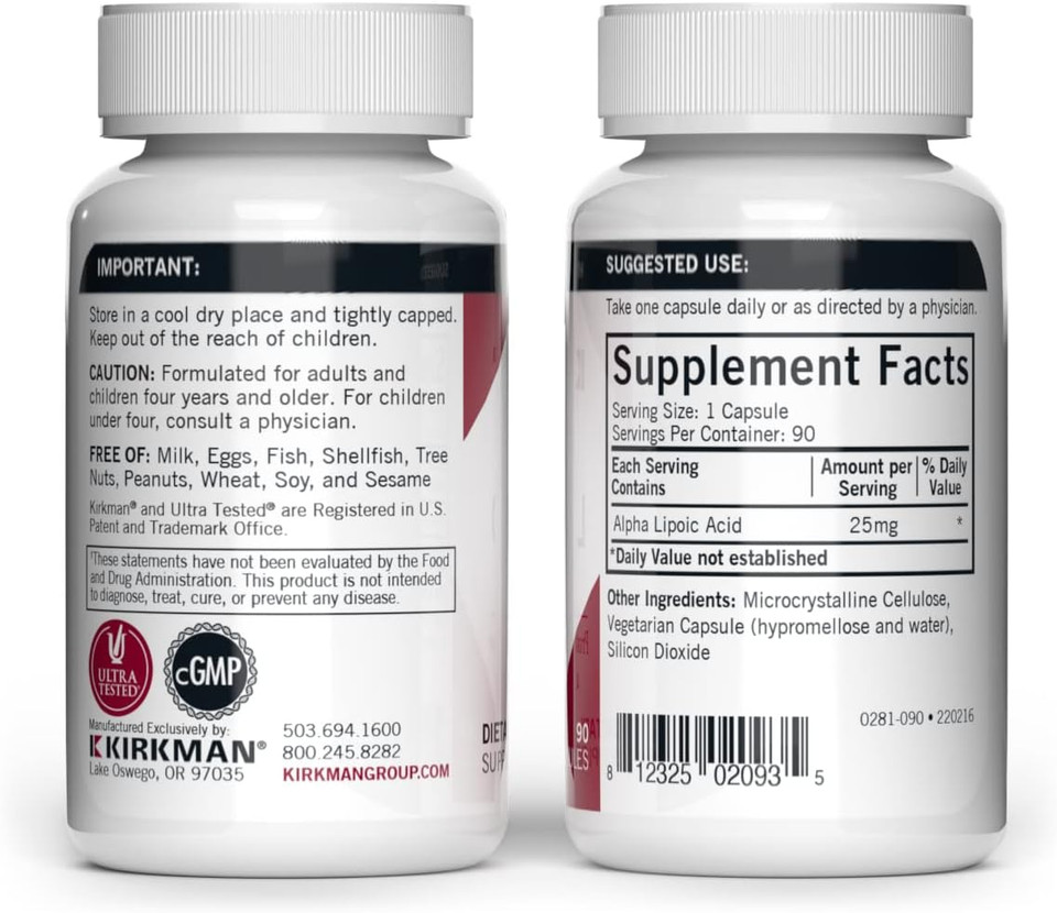 Kirkman - Alpha Lipoic Acid 50 Mg - 90 Capsules - Potent Antioxidant - Protects Against Harmful Radicals - Hypoallergenic
