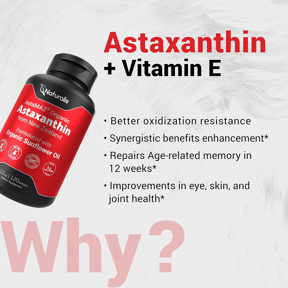 Naturalis New Zealand Astaxanthin (12Mg) | Enhanced With Natural Vitamin E | Non-Gmo, Soy & Gluten Free | 120 Softgels (4 Month Supply)