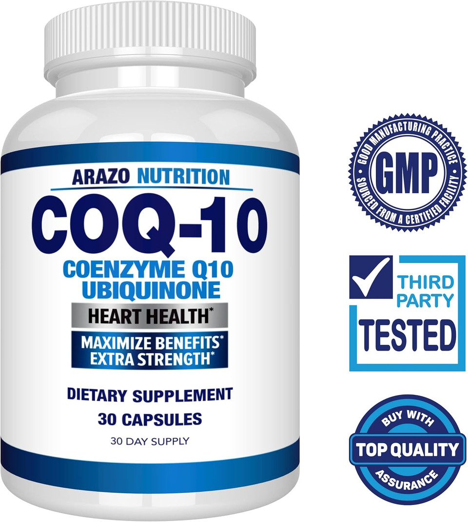 Arazo Nutrition Coq10 Ubiquinone Coenzyme Q10-200Mg Maximum Strength Nutritional Supplement - High Absorption Capsules With No Soy