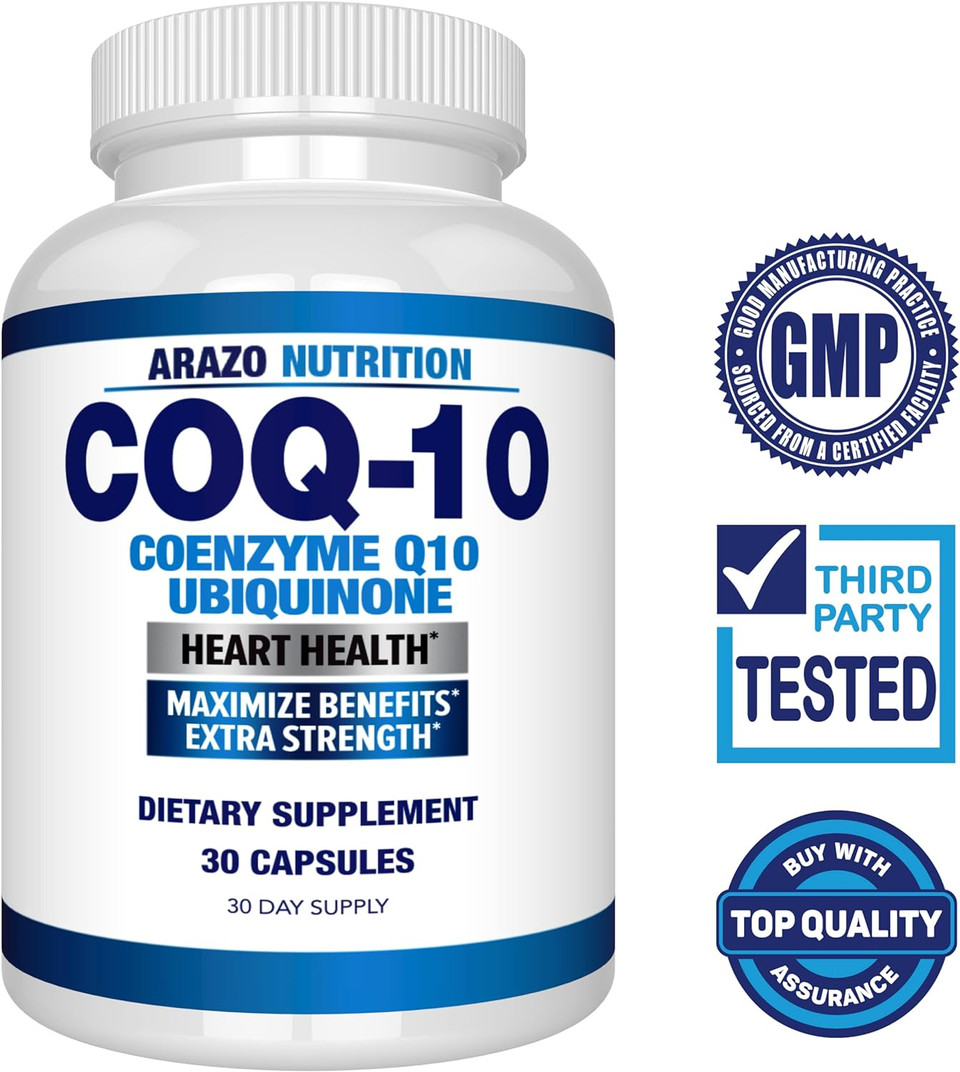 Arazo Nutrition CoQ10 Ubiquinone Coenzyme Q10-200mg Maximum Strength Nutritional Supplement - High Absorption Capsules with No Soy