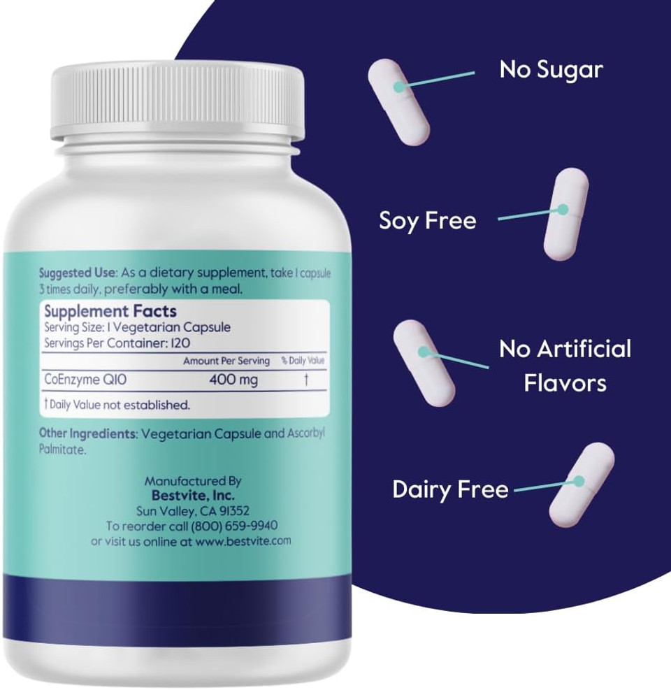 Bestvite Coenzyme Coq10 400Mg (120 Vegetarian Capsules) Naturally Fermented - No Stearates - Vegan - Gluten Free - Non Gmo