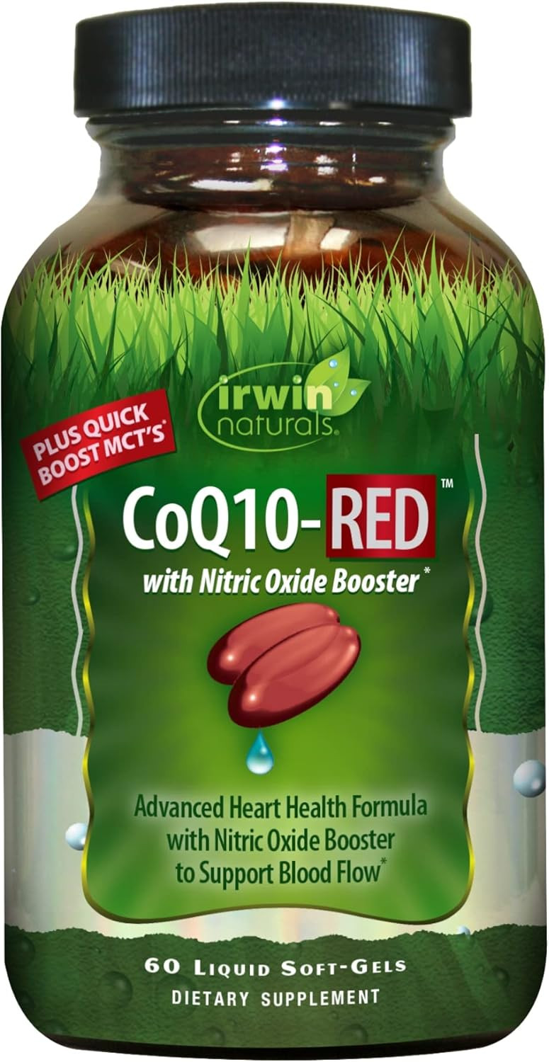 Irwin Naturals Coq10-Red With Nitric Oxide Booster & Mcts - Advanced Heart Health Formula Supports Healthy Blood Flow & Energy Production - High Absorption Antioxidant Protection - 60 Liquid Softgels
