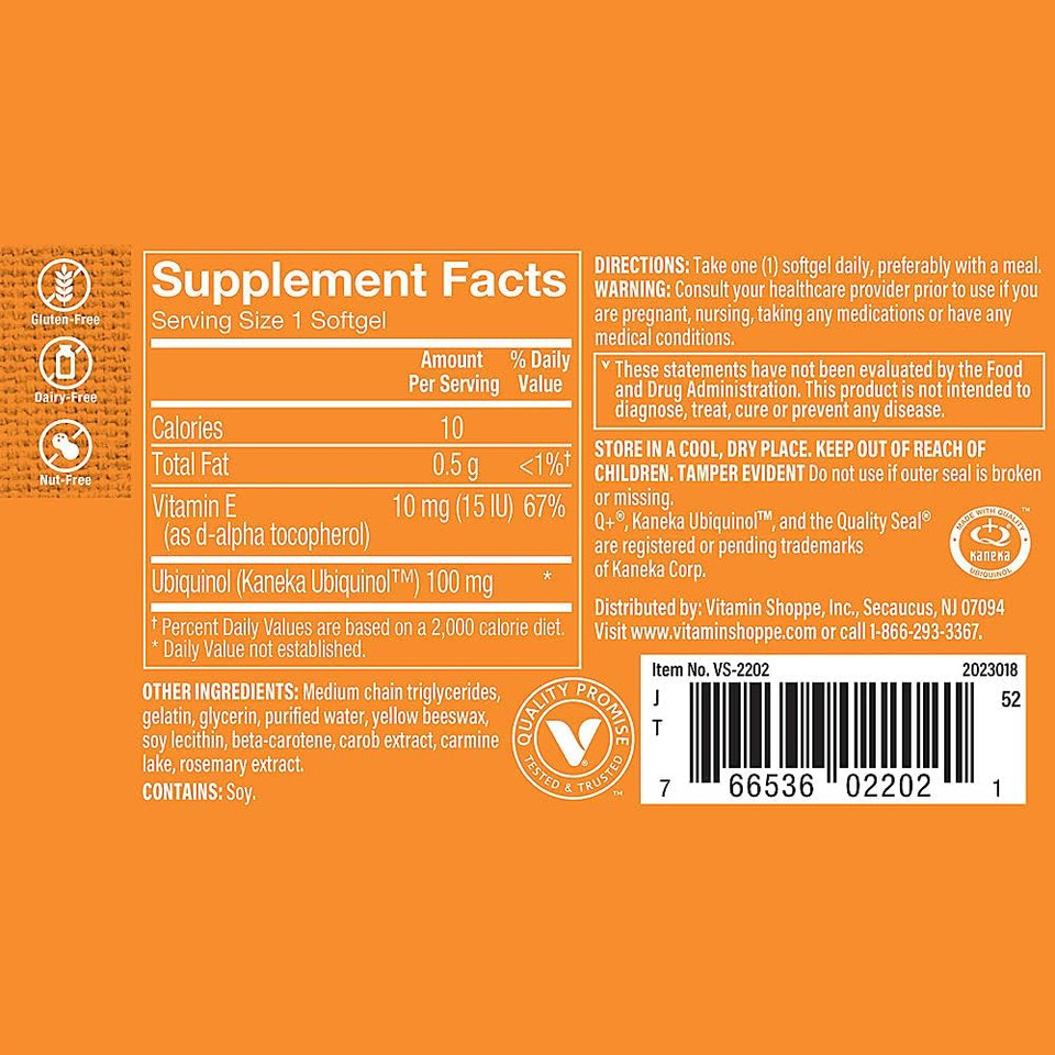 The Vitamin Shoppe Ubiquinol Coq-10 100Mg - Beneficial For Those Taking Statins  Supports Heart & Cellular Health And Healthy Energy Production, Essential Antioxidant  Once Daily (30 Softgels)30 Count (Pack Of 1)