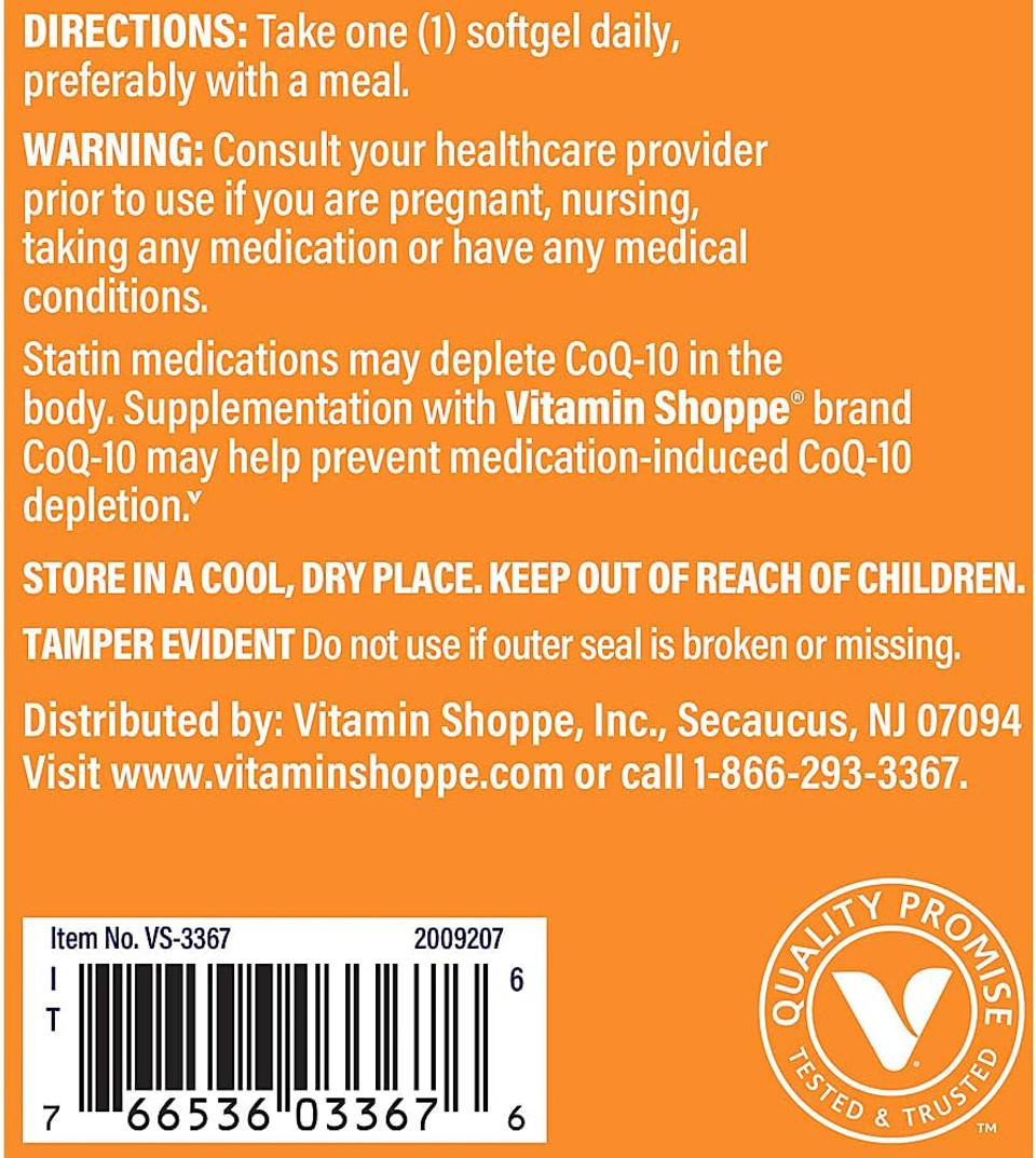 The Vitamin Shoppe Ubiquinol Coq-10 200Mg - Beneficial For Those Taking Statins  Supports Heart & Cellular Health And Healthy Energy Production, Essential Antioxidant  Once Daily (120 Softgels)
