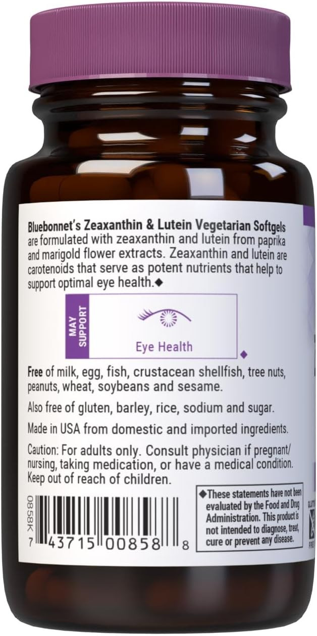 Bluebonnet Nutrition Zeaxanthin Plus Lutein Softgel & From Marigold And Paprika, Eye Health & Blue Light Exposure, Gluten, Soy & Milk Free, White, 30 Count