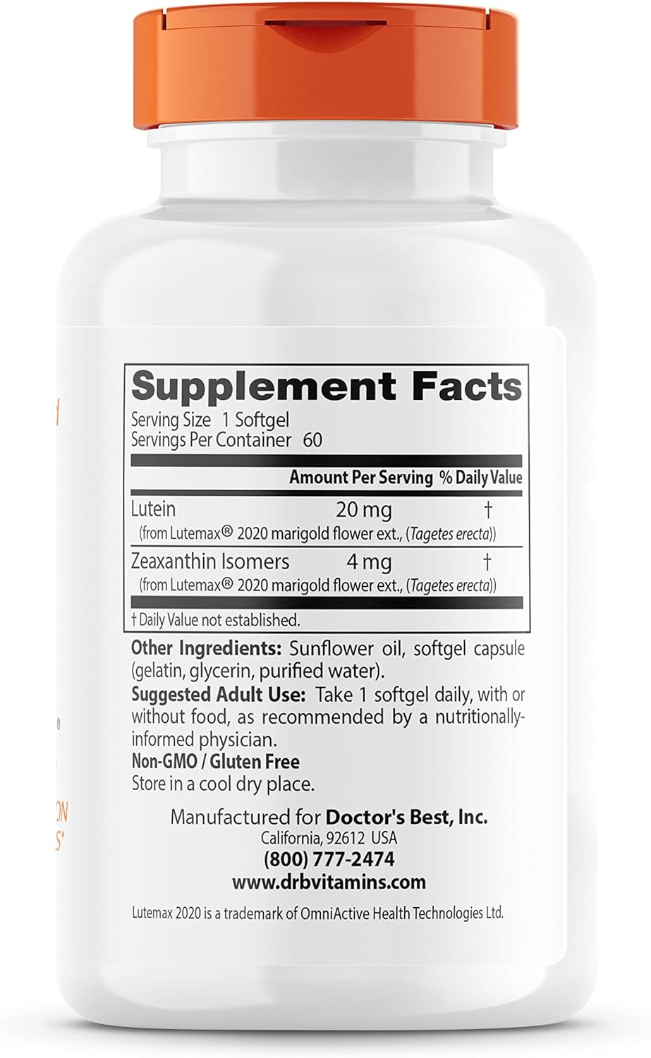 Doctor'S Best Lutein Featuring Lutemax, Non-Gmo, Gluten Free, Eye Health, 20 Mg, 60 Softgels60S/G