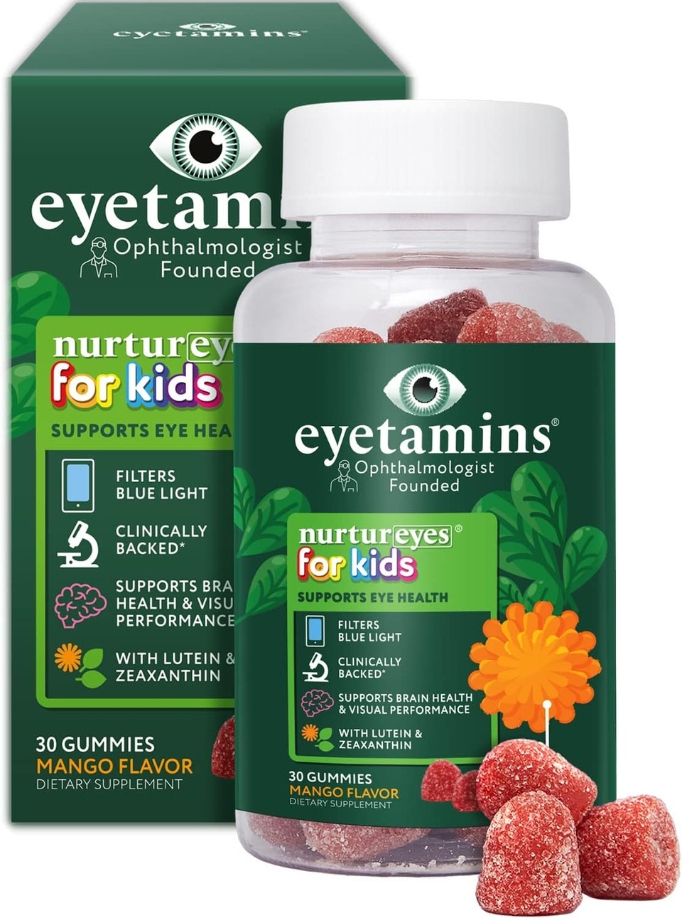 Eyetamins Nurtureyes Eye Health Gummy For Kids - 30 Easy-To-Chew, Mango Gummies - Ophthalmologist- Created Kids Eye Vitamins - Natural, Vegan, And Non-Gmo Formula