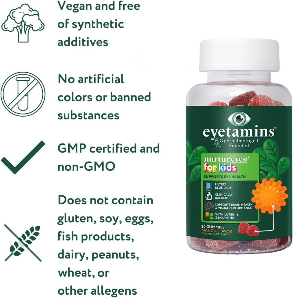 Eyetamins Nurtureyes Eye Health Gummy For Kids - 30 Easy-To-Chew, Mango Gummies - Ophthalmologist- Created Kids Eye Vitamins - Natural, Vegan, And Non-Gmo Formula