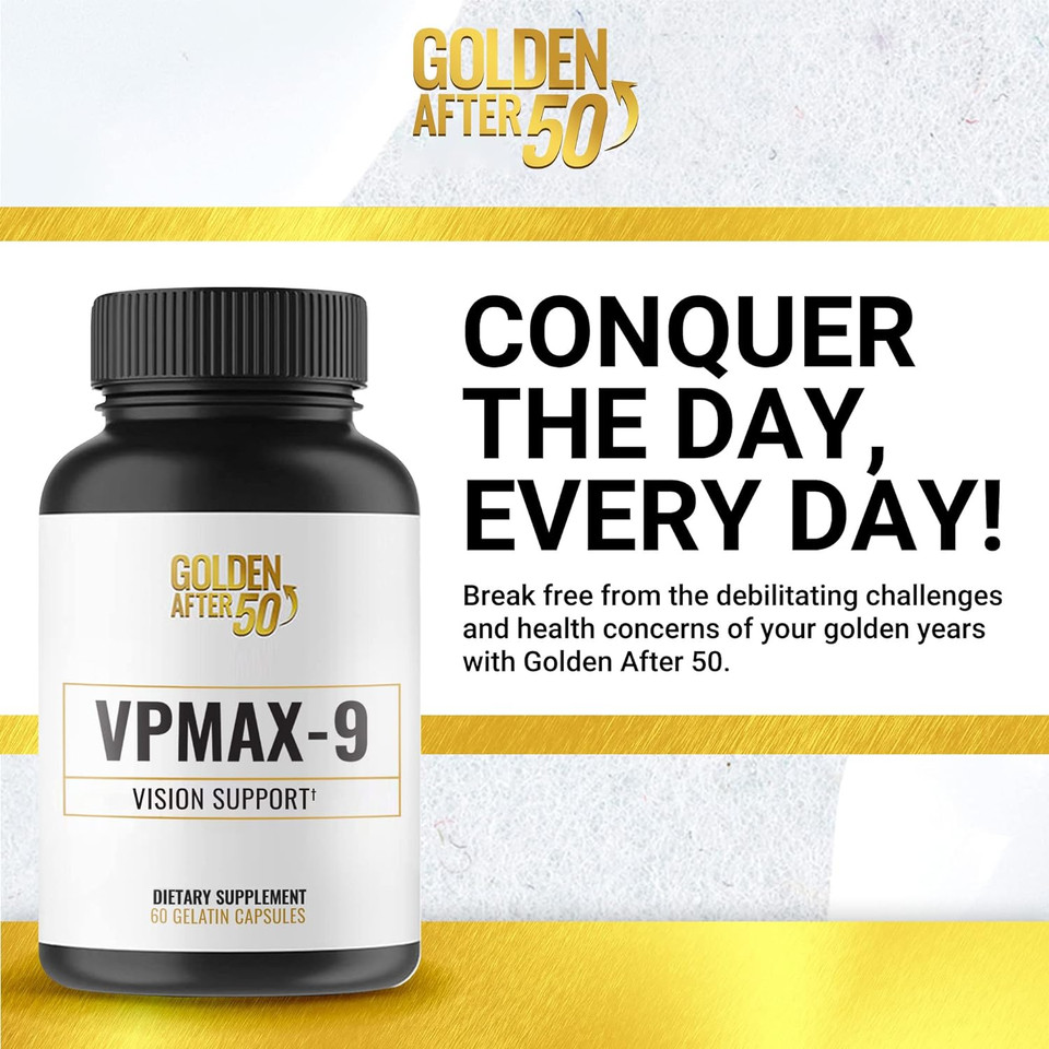 Golden After 50 Vpmax-9 - Vision Support Supplement - 60 Gelatin Capsules - Eye Health Support And Antioxidant Supplement With Eye Vitamins, Lutein, Lycopene And Bilberry Extract