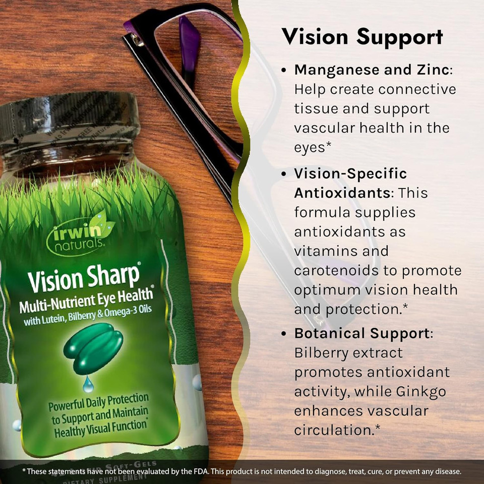 Irwin Naturals Vision Sharp Multi-Nutrient Eye Health With Lutein, Bilberry & Omega-3S - 42 Liquid Softgels