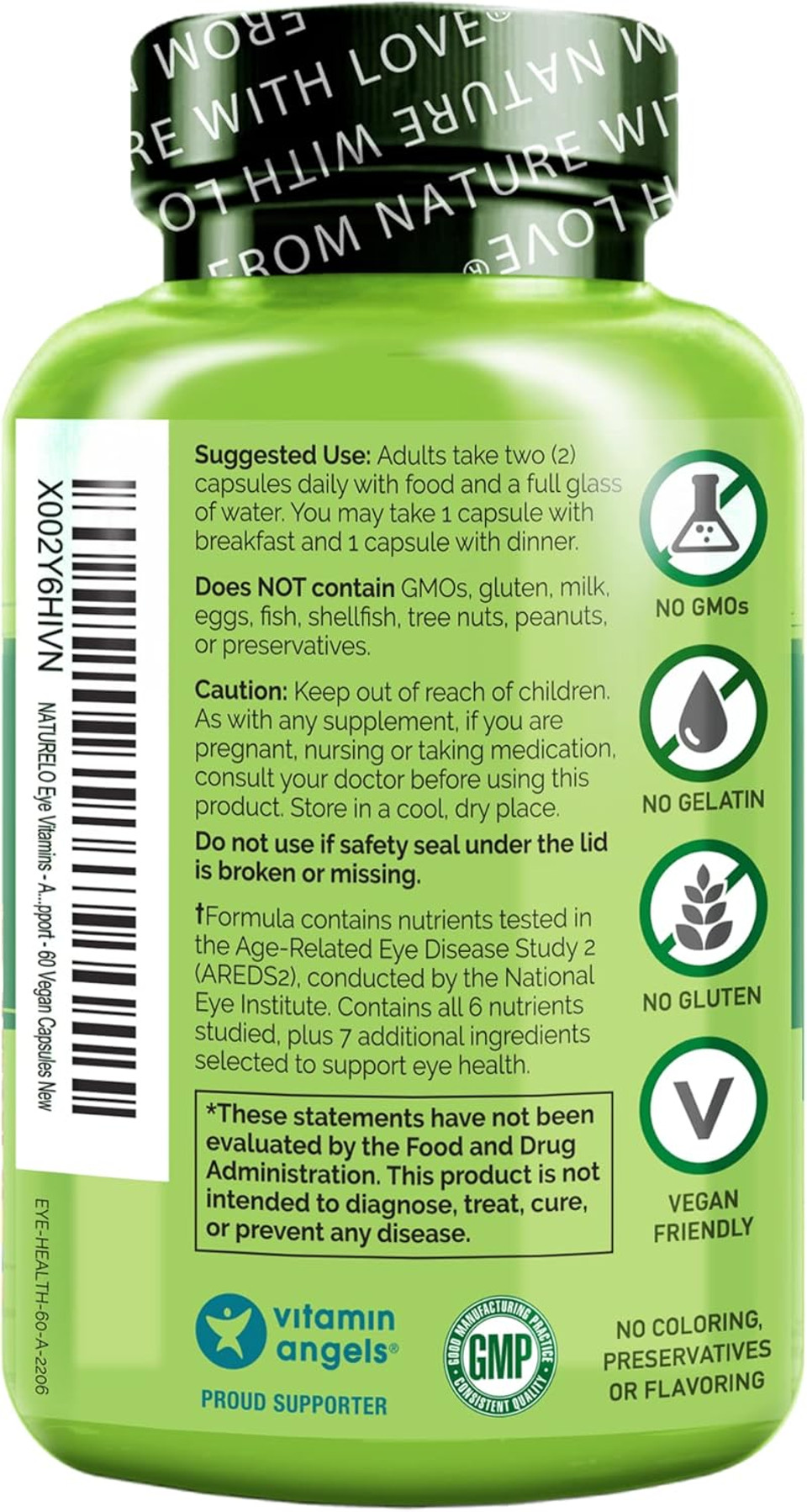 Naturelo Eye Vitamins - Areds 2 Formula Nutrients With Lutein, Zeaxanthin, Vitamin C, E, Zinc, Plus Dha - Supplement For Dry Eyes, Healthy Vision, Eye Support - 60 Vegan Capsules