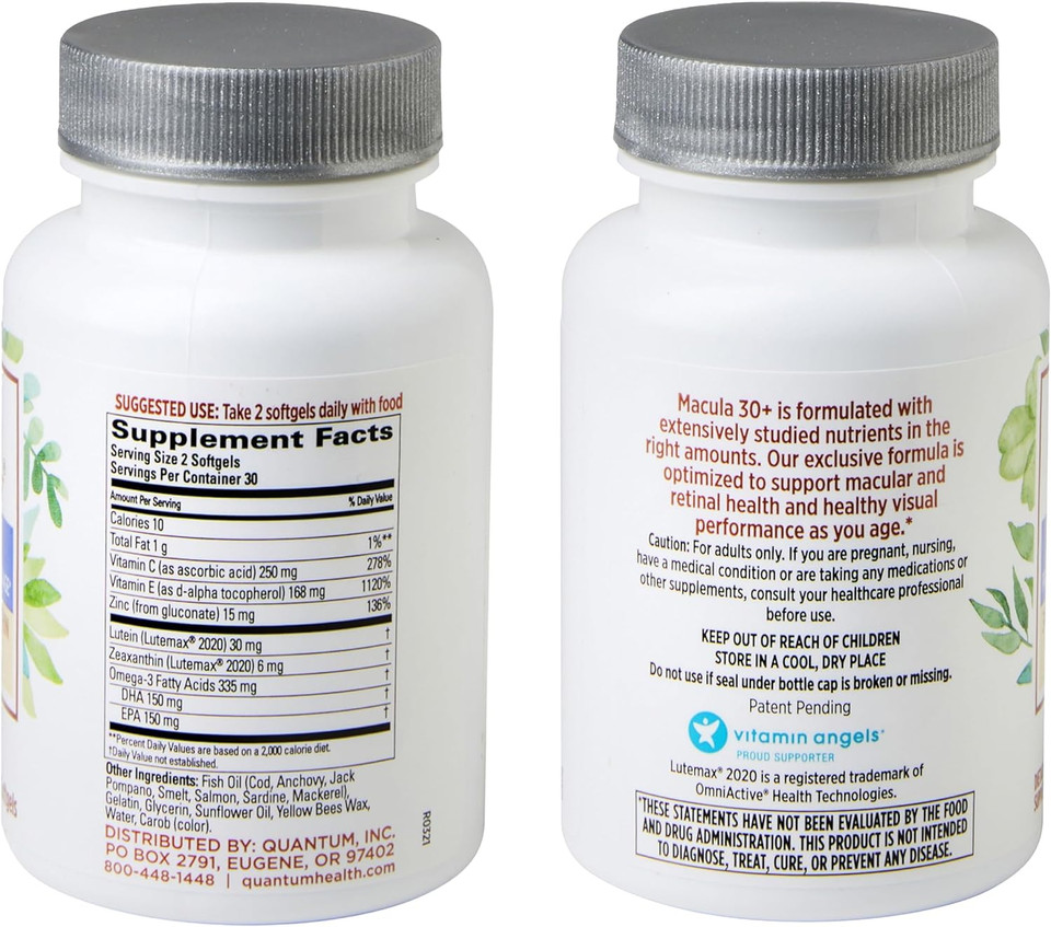 Quantum Health Macula 30+ Eye Care Supplement Promotes Macular & Retinal Health As You Age With Lutein Zeaxanthin Omega-3 Vitamins C & E Daily Nutrition For Women & Men - 60 Softgels60 Count (Pack Of 1)