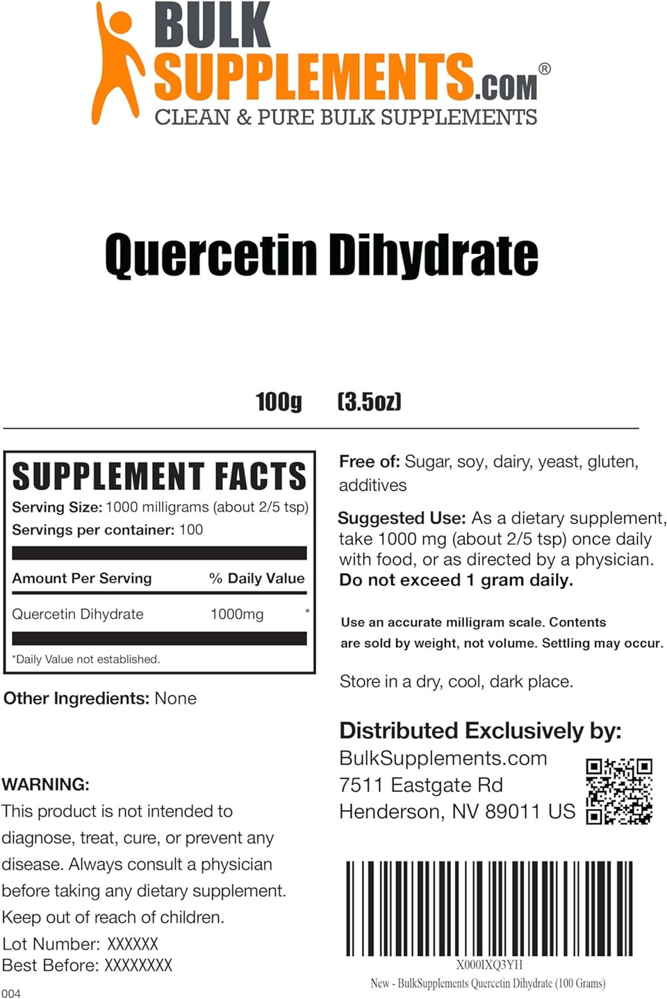 Bulksupplements.Com Quercetin Dihydrate Powder - Quercetin Supplements, Quercetin 1000Mg, Quercetin Powder - Antioxidants Supplement, Gluten Free, 1000Mg Per Serving, 100G (3.5 Oz)