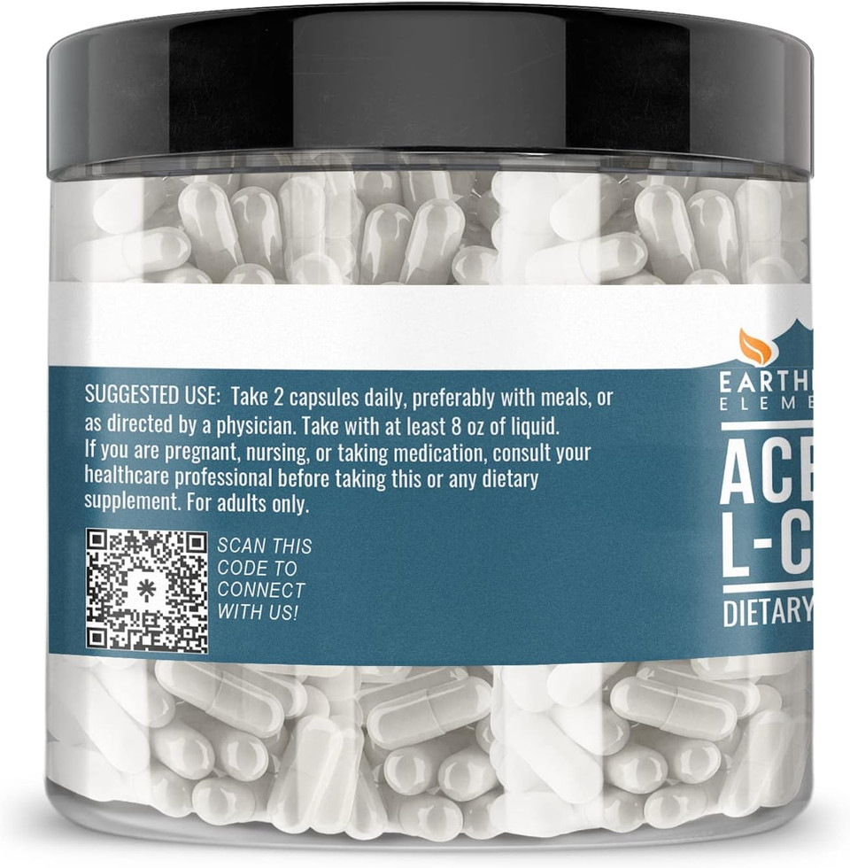 Earthborn Elements Acetyl L-Carnitine, 200 Capsules, Pure & Undiluted, No Additives